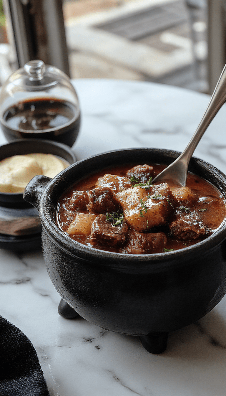 A bubbling black cauldron filled with rich beef stew garnished with fresh herbs, surrounded by rustic ingredients like carrots, potatoes, and onions, setting a spooky Halloween scene with dark shadows and a smoky ambiance