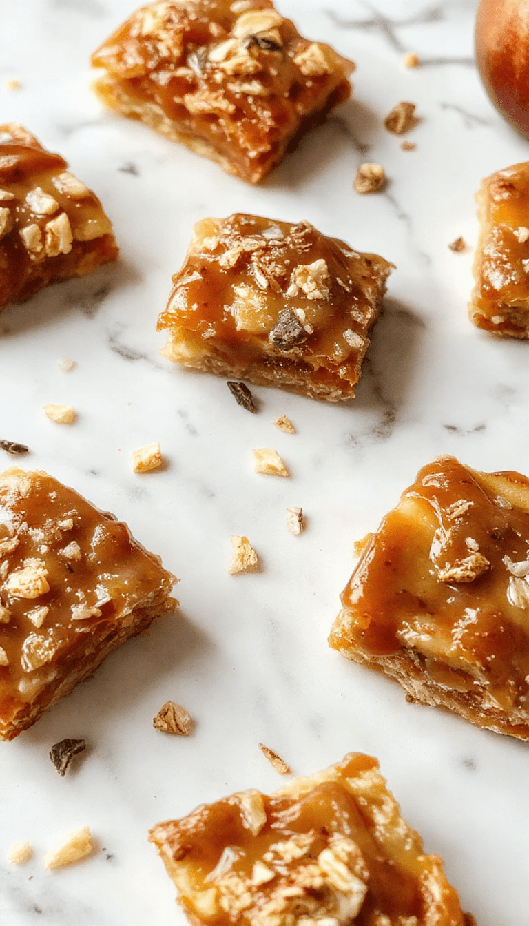Colorful salted caramel apple bars with a golden crust, drizzled with rich caramel and sprinkled with sea salt, garnished with sliced apples and cinnamon, styled on a rustic wooden board with autumn leaves