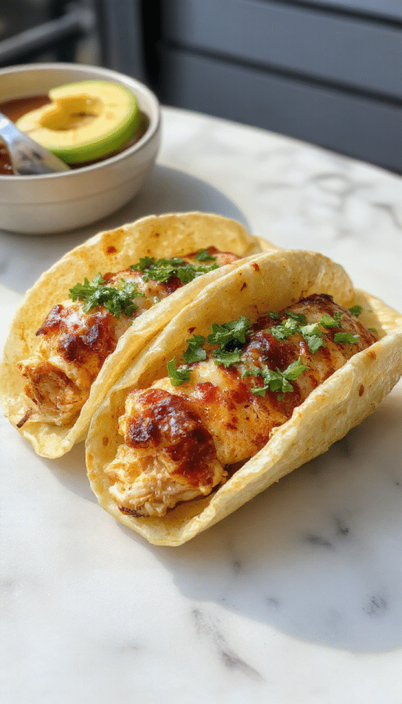 Colorful mini baked chicken tacos arranged on a rustic wooden platter, topped with fresh lettuce, diced tomatoes, shredded cheese, and a drizzle of salsa, with a vibrant background and soft natural lighting highlighting the crispy tortillas and juicy chicken filling.