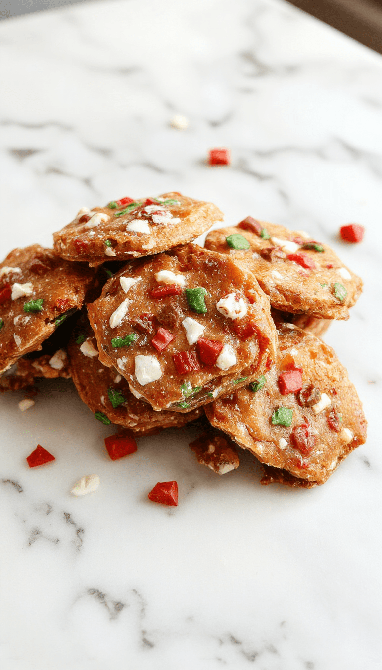 A close-up of golden-brown Christmas toffee squares layered with glossy caramel, topped with crushed nuts and sprinkled with sea salt, arranged on a rustic wooden tray with holiday decorations in the background