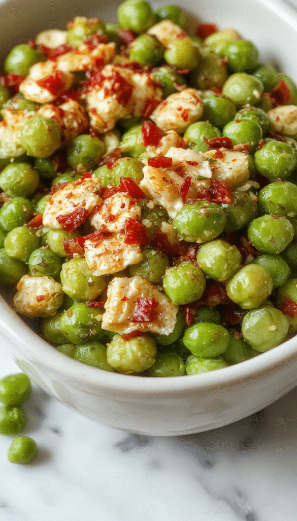 A vibrant white plate featuring bright green peas garnished with crispy bacon crumbles and fresh herbs, served alongside a rustic wooden table setting with fall-themed decorations, showcasing a colorful and appetizing presentation.