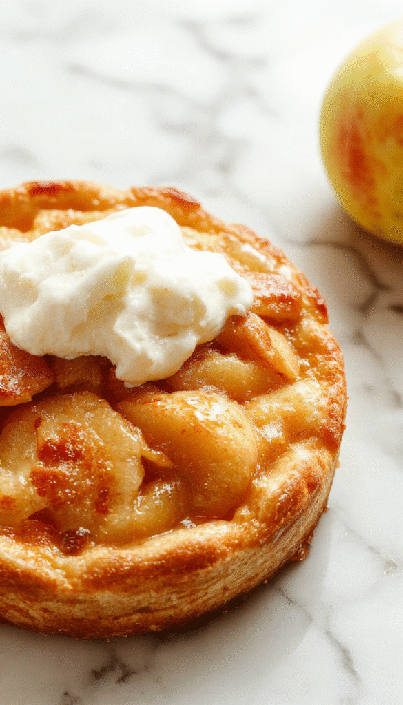 Vibrant golden-brown apple pie with a flaky crust, sliced to reveal tender cinnamon-spiced apple filling, garnished with a dusting of powdered sugar and served on a rustic wooden table.