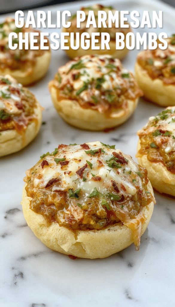 A close-up view of golden-brown cheeseburger bombs filled with melted cheese, garnished with fresh parsley and served on a rustic wooden platter with a dipping sauce on the side
