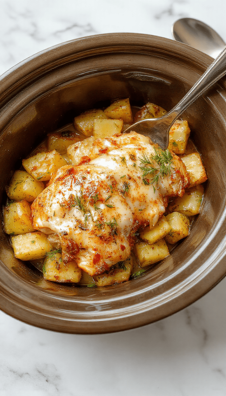 A savory dish featuring tender shredded chicken and crispy roasted potatoes garnished with fresh parsley, a drizzle of garlic sauce, served on a white plate with a rustic wooden background, highlighting the golden-brown textures and herbs.