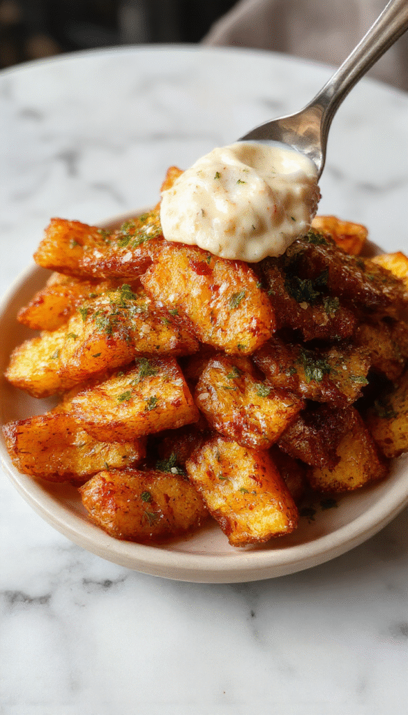 Colorful plate of crispy garlic Parmesan sweet potato wedges arranged neatly with a sprinkle of chopped parsley, golden and slightly charred edges, served on a rustic white dish with a textured wooden table background and fresh herbs.