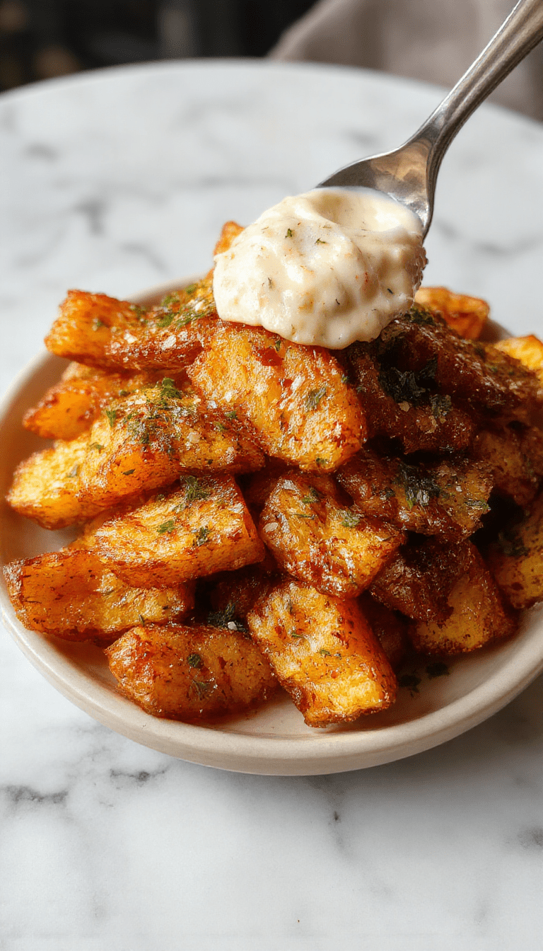 Colorful plate of crispy garlic Parmesan sweet potato wedges arranged neatly with a sprinkle of chopped parsley, golden and slightly charred edges, served on a rustic white dish with a textured wooden table background and fresh herbs.