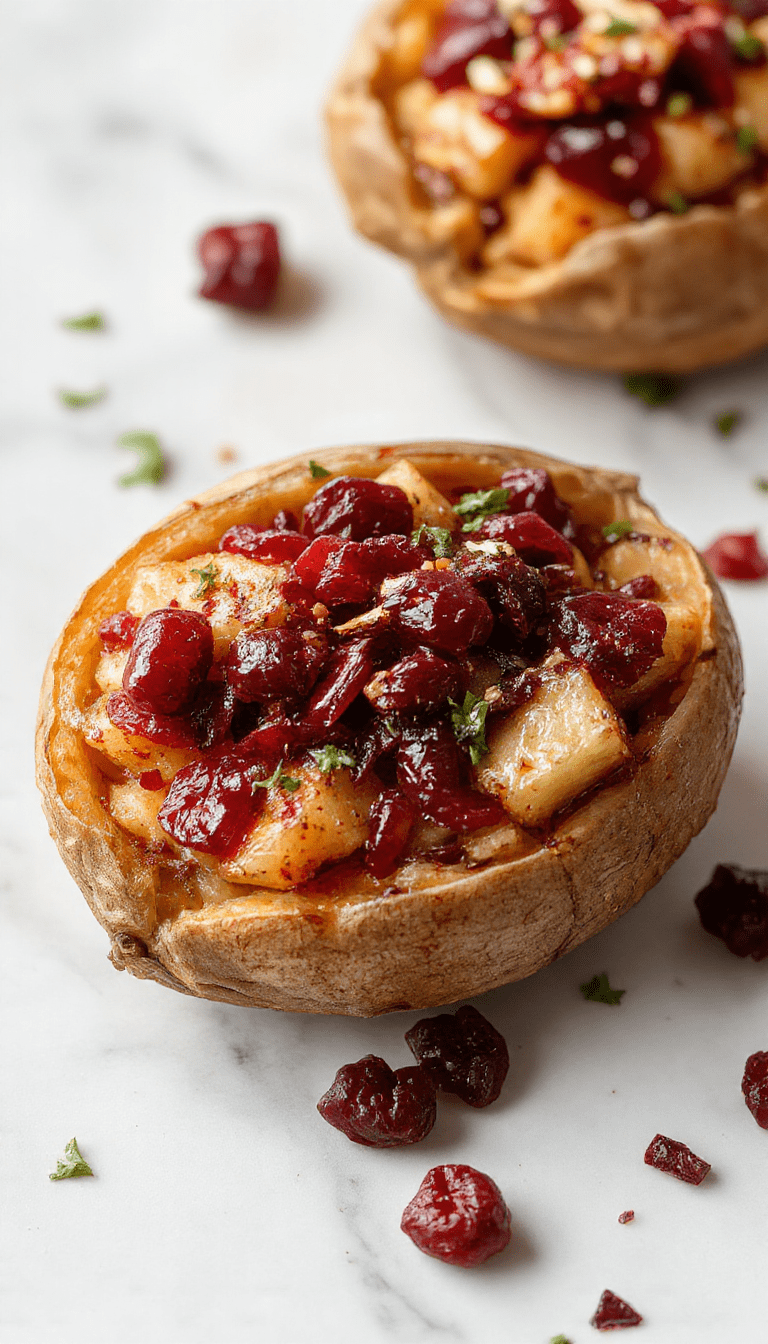 A vibrant plate featuring halved sweet potatoes topped with a colorful mixture of cranberries and diced apples, garnished with fresh mint, styled on a rustic wooden table with drizzles of honey and a sprinkle of cinnamon, showcasing a glossy, textured surface against a blurred cozy kitchen backdrop.