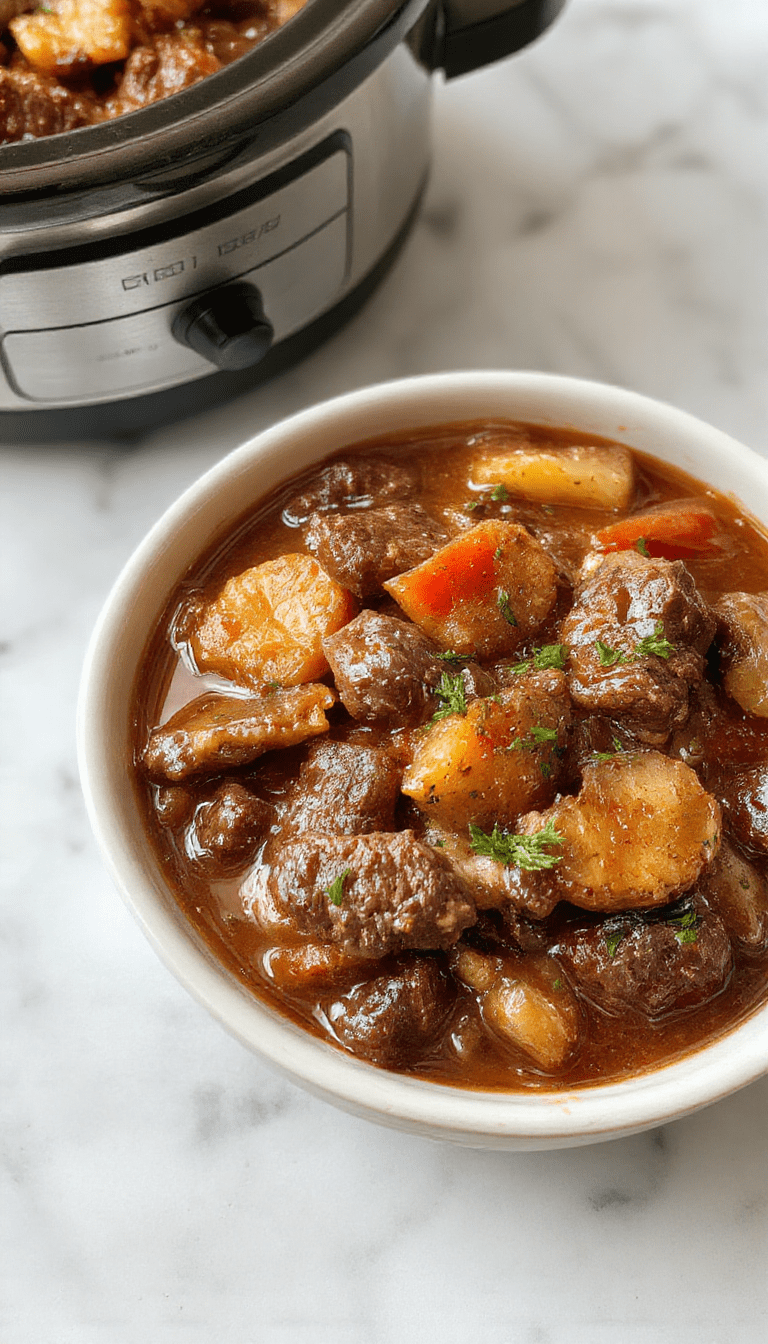 A rustic white bowl filled with hearty beef stew, featuring tender chunks of beef, carrots, potatoes, and onions in a rich gravy, garnished with fresh herbs, all served on a wooden table with a spoon and a napkin, styled to highlight the comforting, savory appeal of the dish.