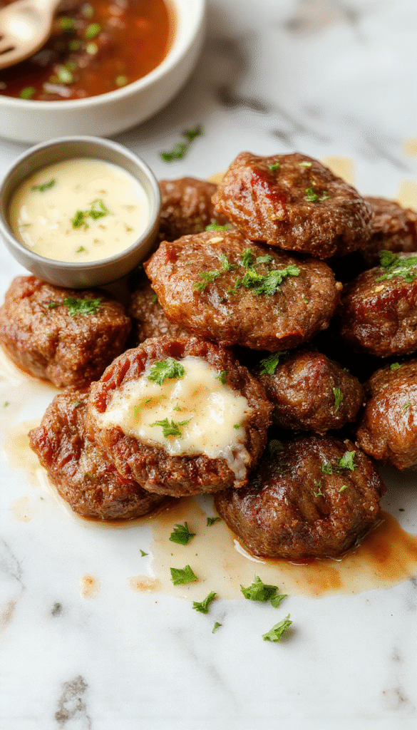 Close-up of golden-brown beef bites glazed with garlic butter sauce arranged on a rustic plate, garnished with chopped parsley and garlic slices, with a blurred background of fresh herbs and a slow cooker.