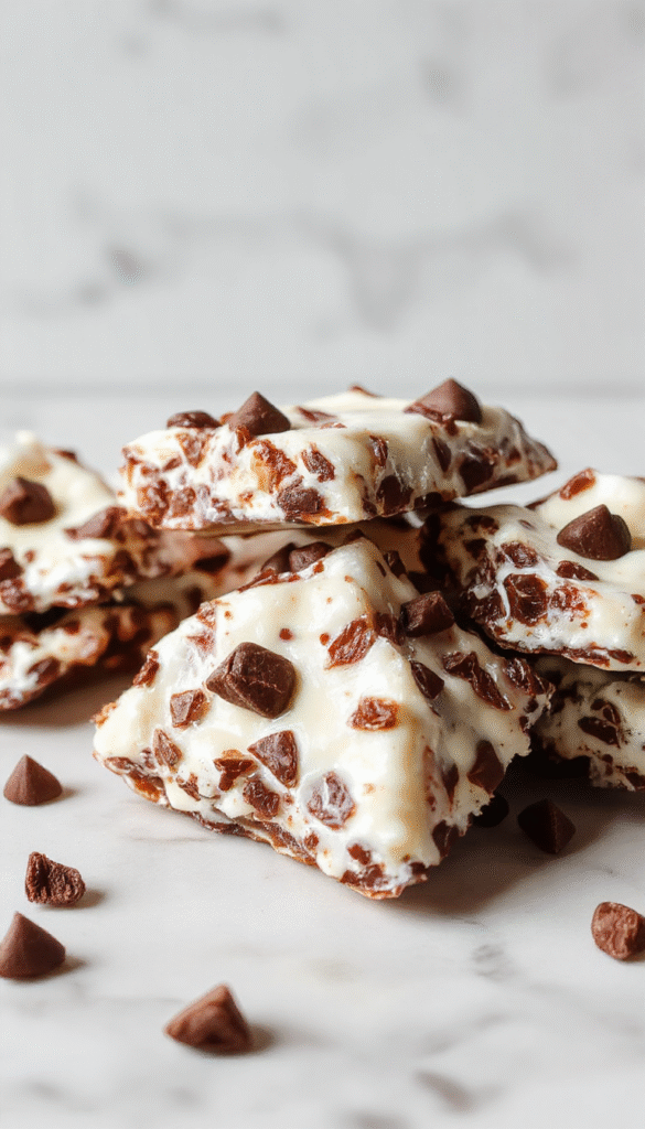 Colorful protein yogurt bark sliced into pieces, topped with vibrant fresh berries, crunchy granola, and a drizzle of honey, arranged on a white ceramic platter with a rustic wooden background, showcasing its creamy texture and colorful toppings.
