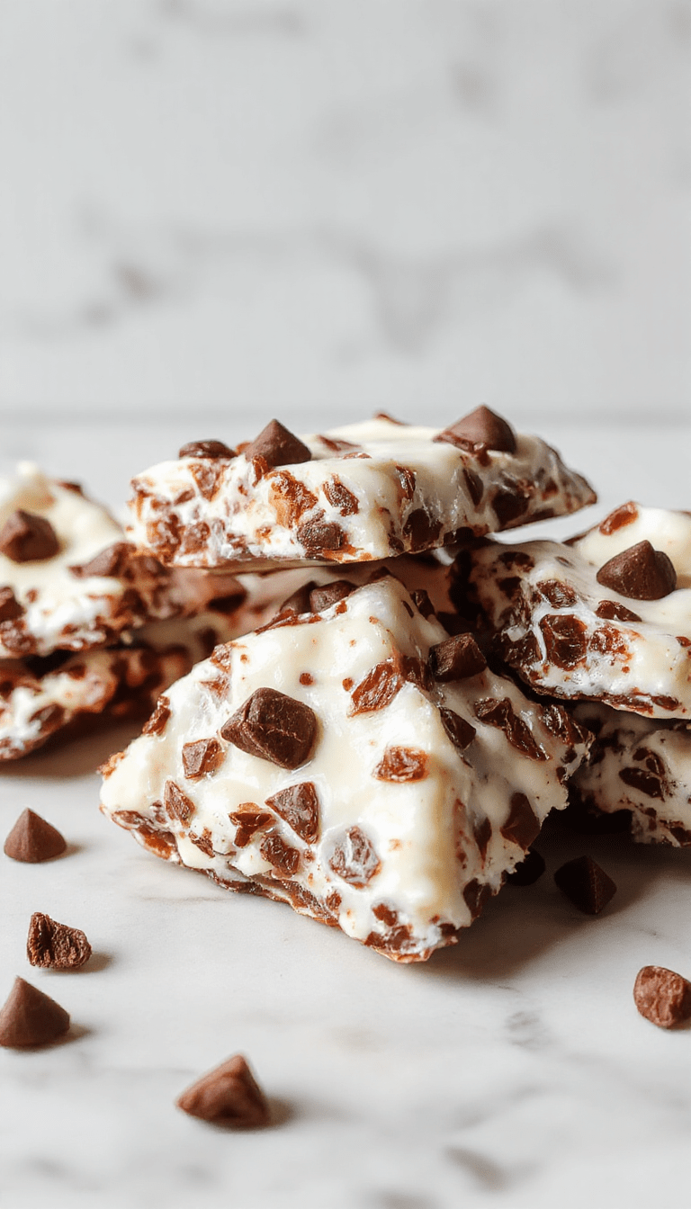 Colorful protein yogurt bark sliced into pieces, topped with vibrant fresh berries, crunchy granola, and a drizzle of honey, arranged on a white ceramic platter with a rustic wooden background, showcasing its creamy texture and colorful toppings.