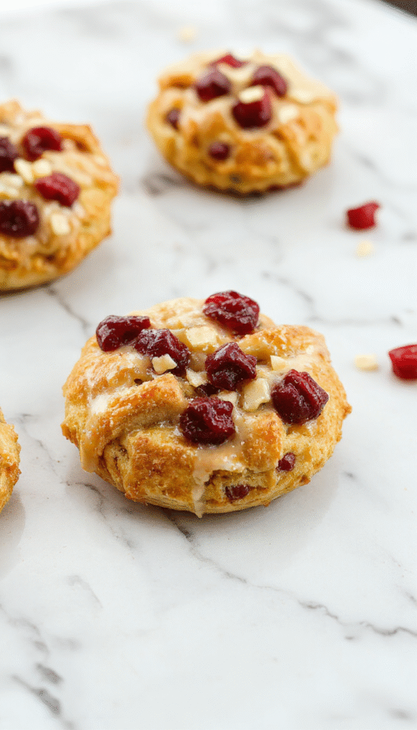 Colorful crescent ring with golden flaky pastry filled with turkey and vibrant red cranberry sauce, garnished with fresh herbs on a rustic wooden board