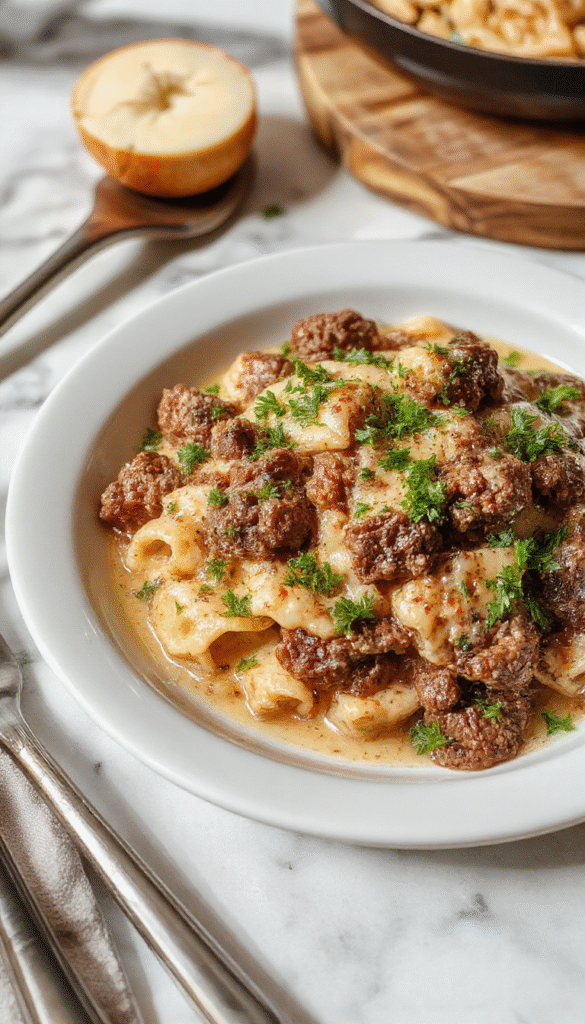 A rustic white bowl filled with creamy ground beef stroganoff, topped with fresh chopped parsley, set on a wooden table with a spoon, surrounded by cooked egg noodles and sautéed mushrooms, vibrant colors and a rich, velvety texture visible