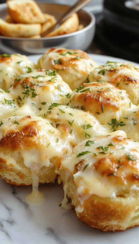 A close-up of golden-brown cheesy garlic rolls arranged on a rustic wooden platter, topped with melted cheese and fresh parsley, with a soft, fluffy texture visible inside, styled with a sprinkle of garlic and herbs.