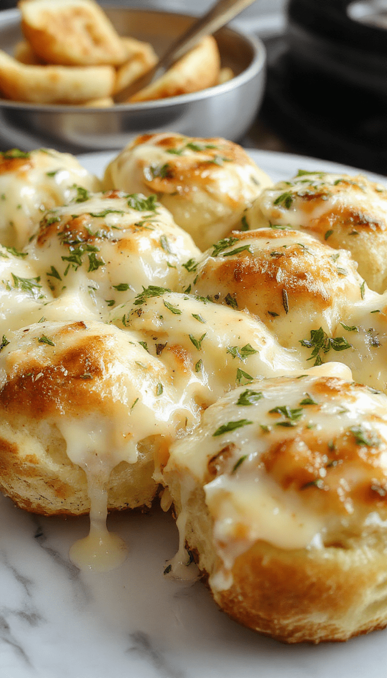 A close-up of golden-brown cheesy garlic rolls arranged on a rustic wooden platter, topped with melted cheese and fresh parsley, with a soft, fluffy texture visible inside, styled with a sprinkle of garlic and herbs.