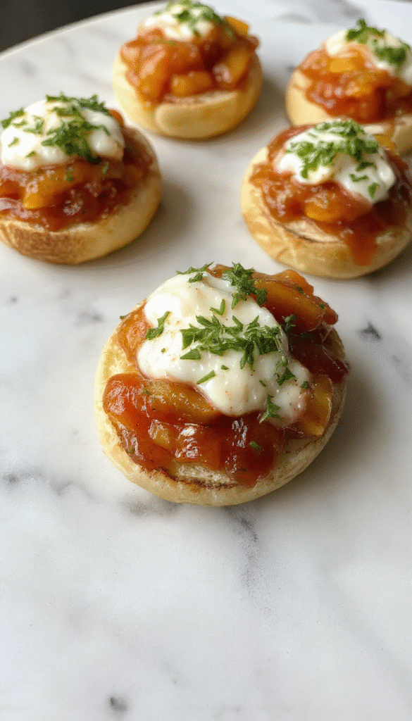 Colorful peach bruschetta plated on a rustic wooden board, topped with whipped ricotta and fresh mint leaves, vibrant orange and green hues, textured bread slices with creamy topping, styled for an inviting, summery presentation