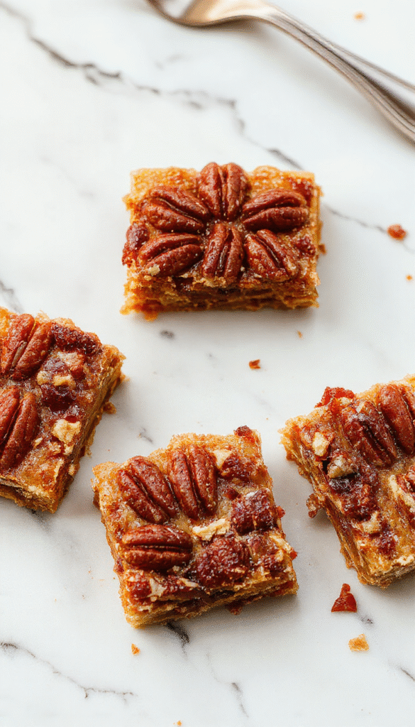 A close-up of golden-brown pecan pie bars arranged on a rustic wooden board, topped with chopped pecans and a drizzle of caramel, showcasing their crumbly crust and gooey filling, styled with fresh pecans and a sprinkle of powdered sugar for an inviting, homemade look.