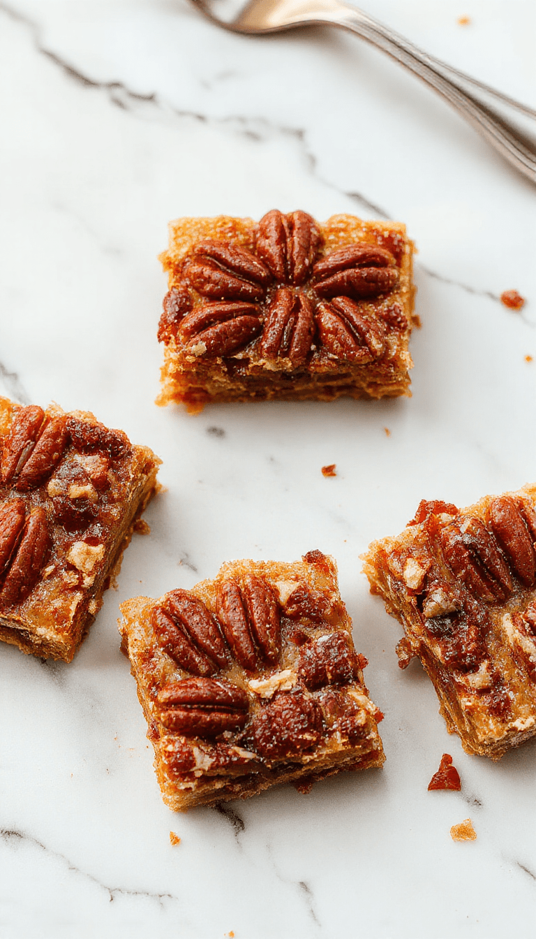A close-up of golden-brown pecan pie bars arranged on a rustic wooden board, topped with chopped pecans and a drizzle of caramel, showcasing their crumbly crust and gooey filling, styled with fresh pecans and a sprinkle of powdered sugar for an inviting, homemade look.