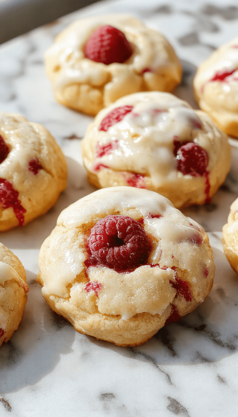 Colorful lemon raspberry cookies arranged on a white plate with fresh raspberries and lemon slices, showcasing their golden edges, vibrant red berry filling, and textured crumb topping, styled with a sprig of mint for a fresh touch.