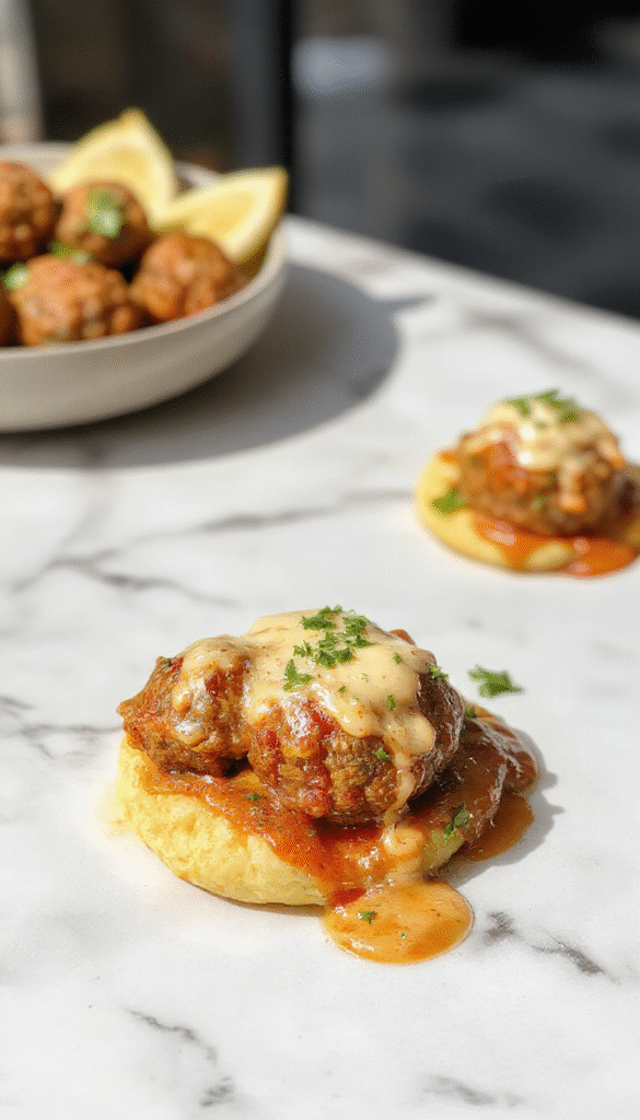 A close-up shot of golden-brown italian meatballs arranged neatly on a rustic plate, topped with fresh herbs and a drizzle of rich tomato sauce, with a crispy exterior and tender interior, styled on a wooden table with a fork and basil leaves nearby.