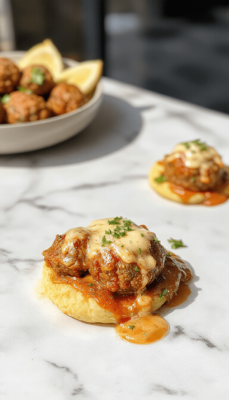 A close-up shot of golden-brown italian meatballs arranged neatly on a rustic plate, topped with fresh herbs and a drizzle of rich tomato sauce, with a crispy exterior and tender interior, styled on a wooden table with a fork and basil leaves nearby.