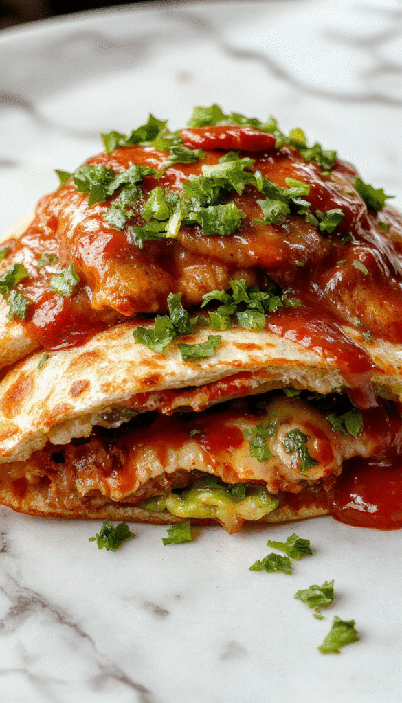 Colorful mini quesadillas plated on a rustic wooden board, golden brown crispy edges, melted cheese visible with fresh herbs garnish, vibrant sliced peppers and chicken bits adding texture and flavor, styled with a casual, inviting setup