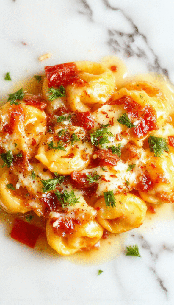 A vibrant plate of cheese-filled tortellini arranged beautifully on a white ceramic dish, garnished with fresh basil and sprigs of parsley. The pasta has a golden-brown hue with a glossy finish, topped with melted cheese and a sprinkle of black pepper. In the background, a rustic wooden table and a drizzle of olive oil add warmth and culinary appeal.
