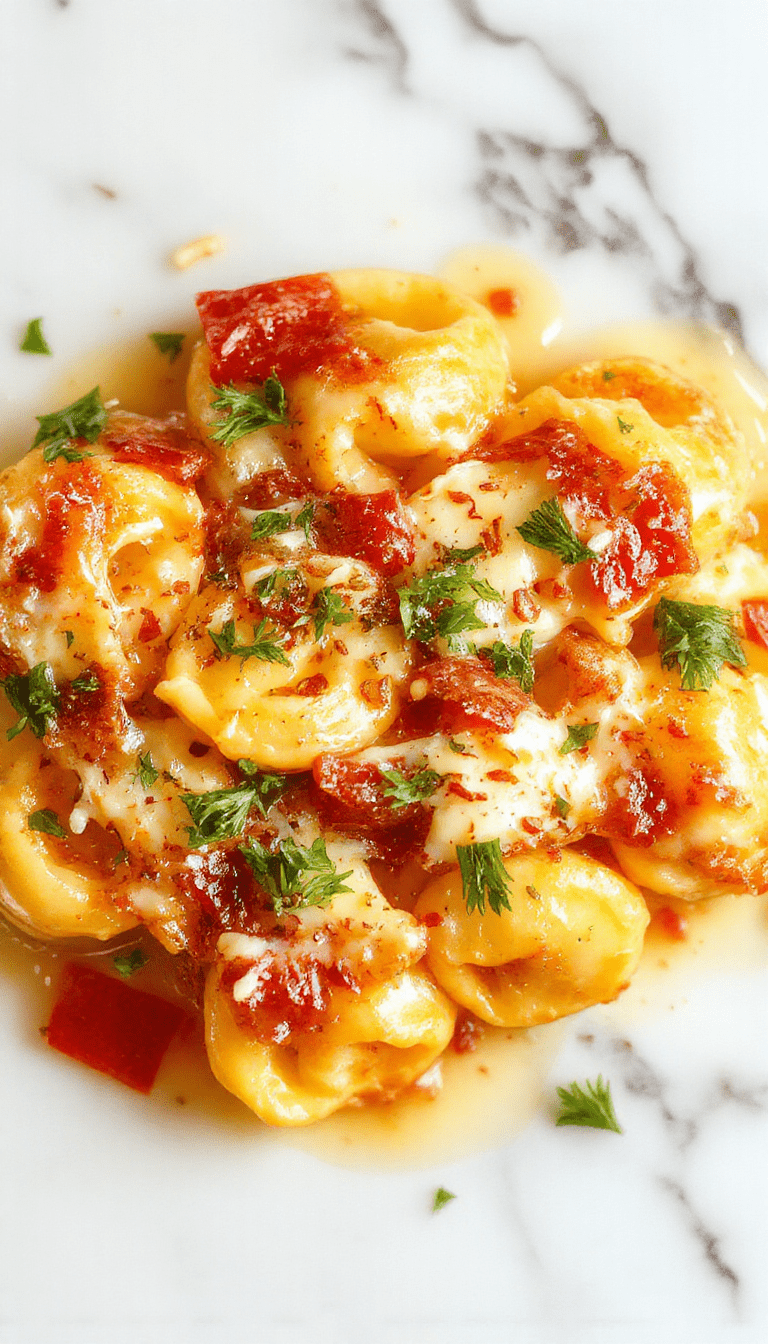 A vibrant plate of cheese-filled tortellini arranged beautifully on a white ceramic dish, garnished with fresh basil and sprigs of parsley. The pasta has a golden-brown hue with a glossy finish, topped with melted cheese and a sprinkle of black pepper. In the background, a rustic wooden table and a drizzle of olive oil add warmth and culinary appeal.