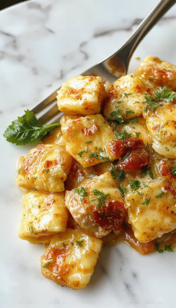 Colorful image of a rustic crockpot filled with creamy chicken tortellini, garnished with fresh herbs, served in a white bowl with a spoon on a wooden table, showcasing the tender tortellini, shredded chicken, and colorful vegetables, styled with a sprig of basil for a comforting feel.