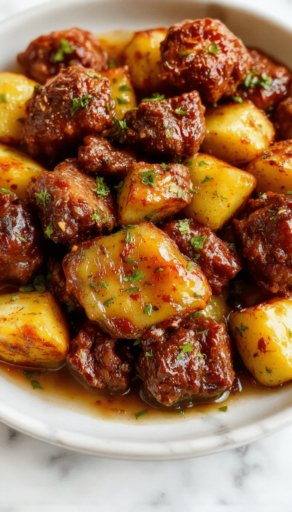 Colorful platter featuring tender garlic butter beef bites nestled next to crispy roasted potatoes, garnished with fresh herbs, shiny sauce glistening under warm lighting, styled simply on a rustic wooden board