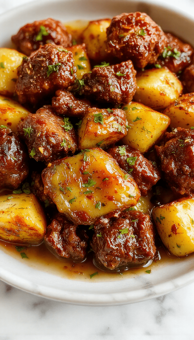 Colorful platter featuring tender garlic butter beef bites nestled next to crispy roasted potatoes, garnished with fresh herbs, shiny sauce glistening under warm lighting, styled simply on a rustic wooden board