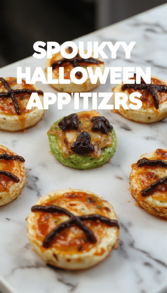 Colorful Halloween themed appetizers arranged on a dark platter featuring pumpkins, ghosts, and spiders made from vegetables, cheeses, and meats, with vibrant orange, green, and black decorations, styled with spooky elements and garnished with edible flowers and herbs