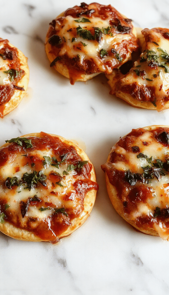 Colorful Halloween mini pizzas topped with melted cheese, pepperoni, and spooky shaped toppings arranged on a dark wooden platter with Halloween decorations in the background