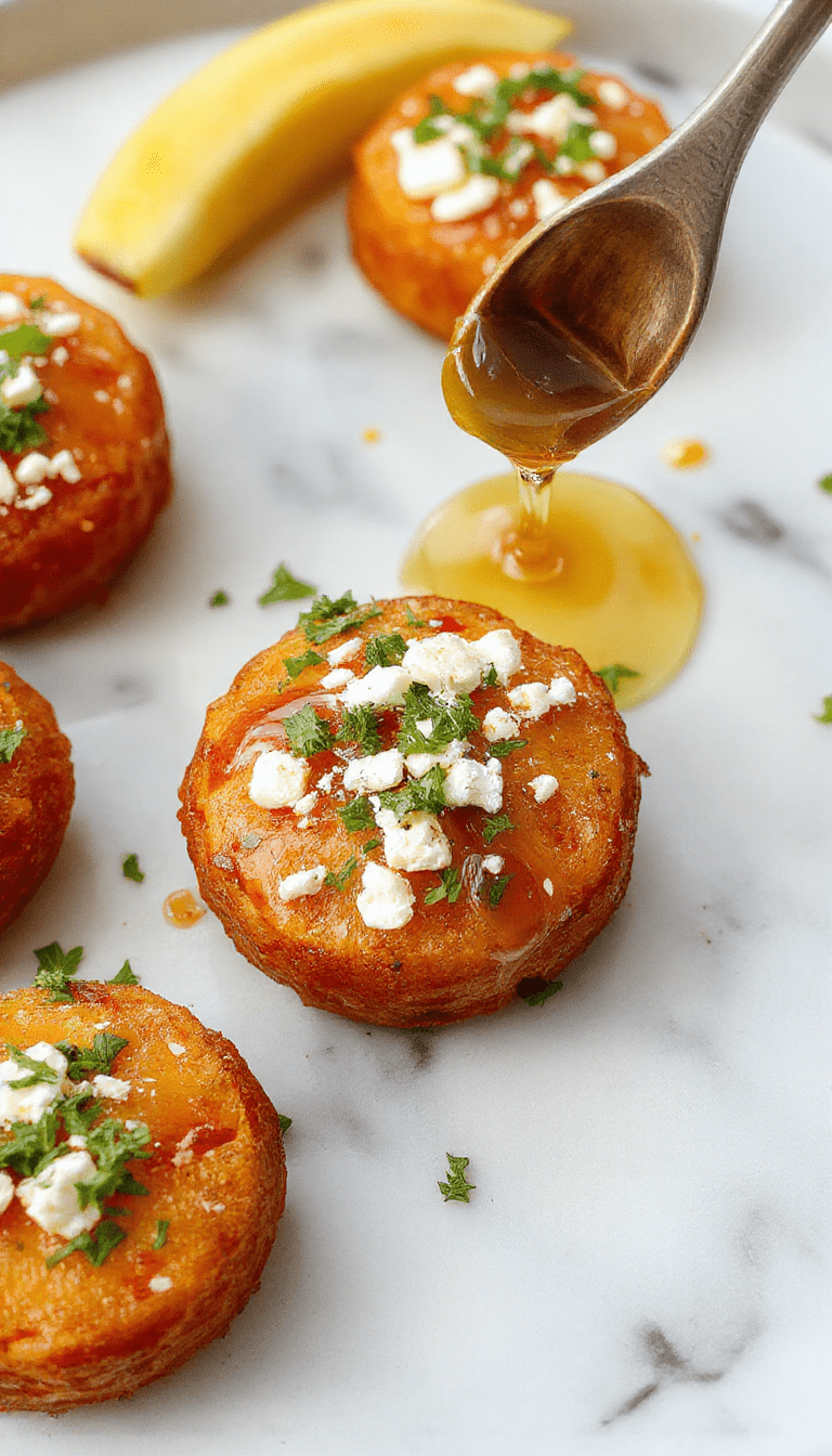 Colorful roasted sweet potato rounds topped with crumbled feta cheese and drizzled with honey, arranged on a white ceramic platter with a rustic wooden background, garnished with fresh herbs, showcasing a vibrant combination of orange, white, and golden hues with crisp edges.
