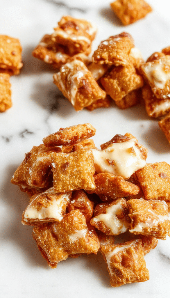 A vibrant bowl of homemade Toffee Chex Mix featuring golden-brown cereal pieces coated in shiny caramel and sprinkled with bits of toffee, arranged on a rustic wooden surface with scattered ingredients and a drizzle of melted chocolate for a tempting, colorful presentation.