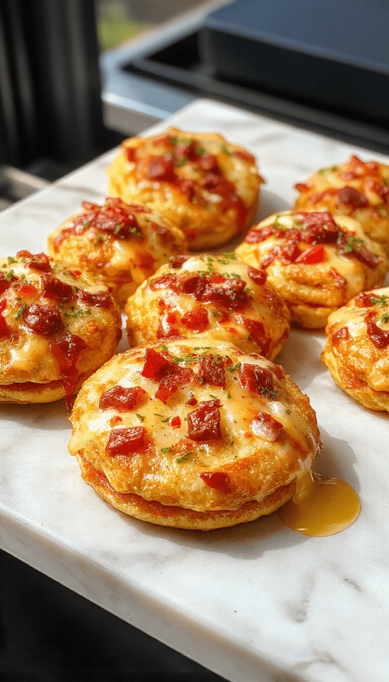 Colorful plate of golden brown McGriddle bites filled with syrup and cheese, arranged on a white plate with a drizzle of syrup and a sprig of fresh herbs, styled for a cozy breakfast setting.