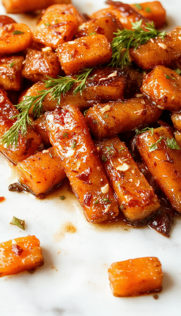 A vibrant plate of glazed carrots with a glossy maple and brown sugar coating, garnished with fresh herbs, served on a rustic wooden table with a warm, inviting atmosphere.