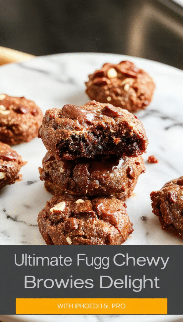 A close-up of a rich, fudgy chewy brookies dessert cut into squares, showcasing the layered combination of chocolate brownie and cookie crust, with a glossy chocolate glaze on top, styled on a rustic wooden platter with scattered chocolate chips and a glass of milk in the background, emphasizing its indulgent texture and appealing presentation.