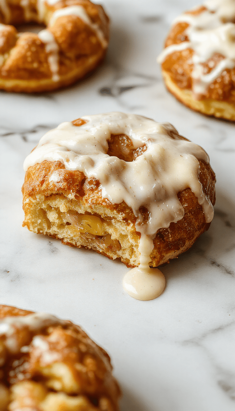 A beautifully baked apple kringle pastry with golden, flaky crust filled with tender apple slices and topped with a glossy vanilla glaze, styled on a rustic wooden board with cinnamon sticks and powdered sugar scattered around.
