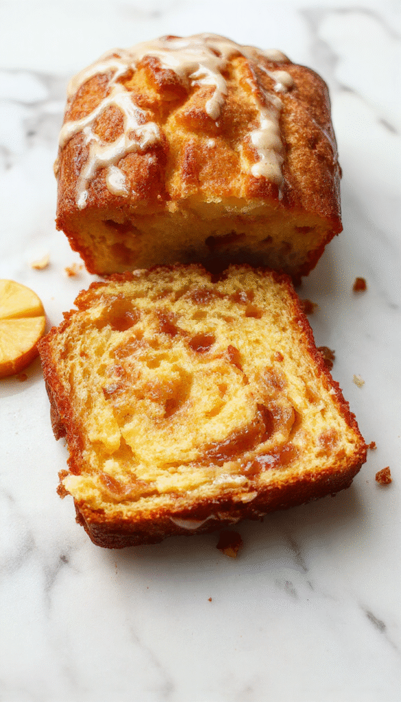 A beautifully sliced apple cider pound cake on a rustic wooden platter, topped with a dusting of powdered sugar and garnished with fresh apple slices and cinnamon sticks, set against a cozy autumn backdrop with warm tones.