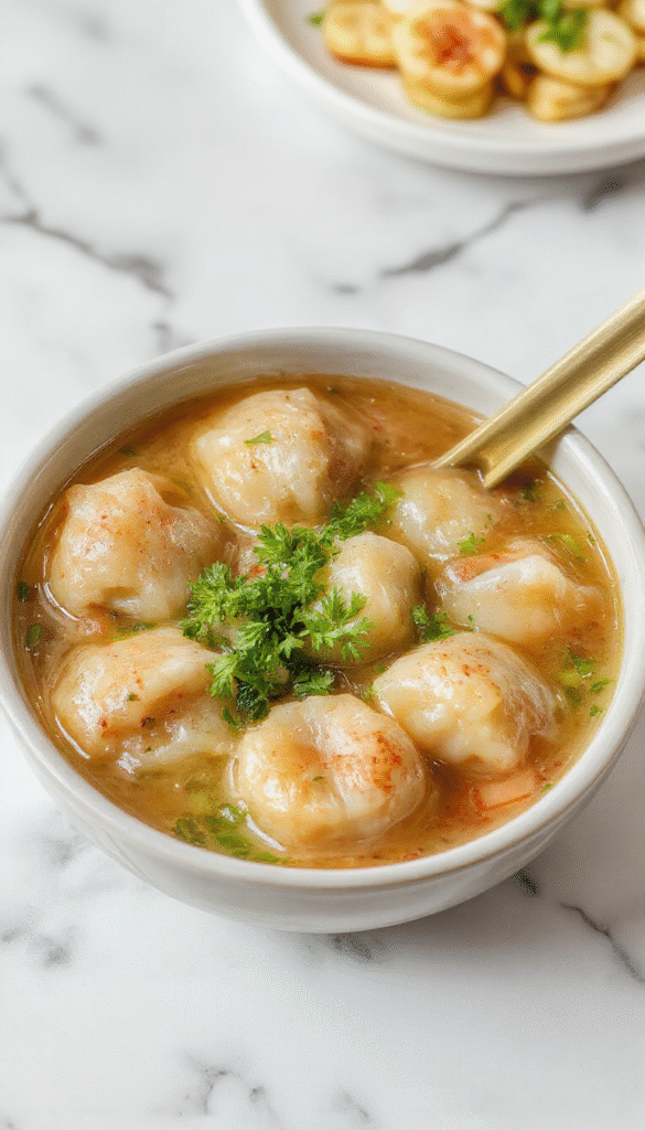 A vibrant bowl of Asian dumpling potsticker soup featuring golden-brown potstickers submerged in a steaming, flavorful broth, garnished with chopped scallions and sesame seeds, with a background of chopsticks and a traditional Asian bowl, showcasing the textures and warm colors of the dish.