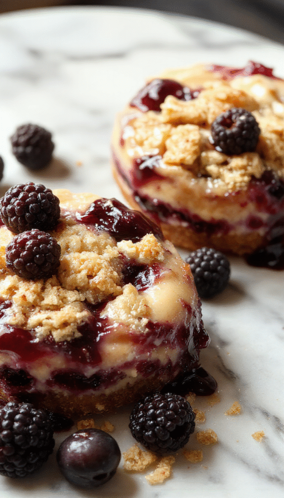 A close-up of a slice of blueberry crumble cheesecake on a white plate, topped with fresh blueberries and a golden crumble crust, with a drizzle of berry sauce. The cheesecake has a creamy texture with a vibrant blue and purple color from the blueberries, beautifully styled with a rustic wooden background and fresh mint leaves.