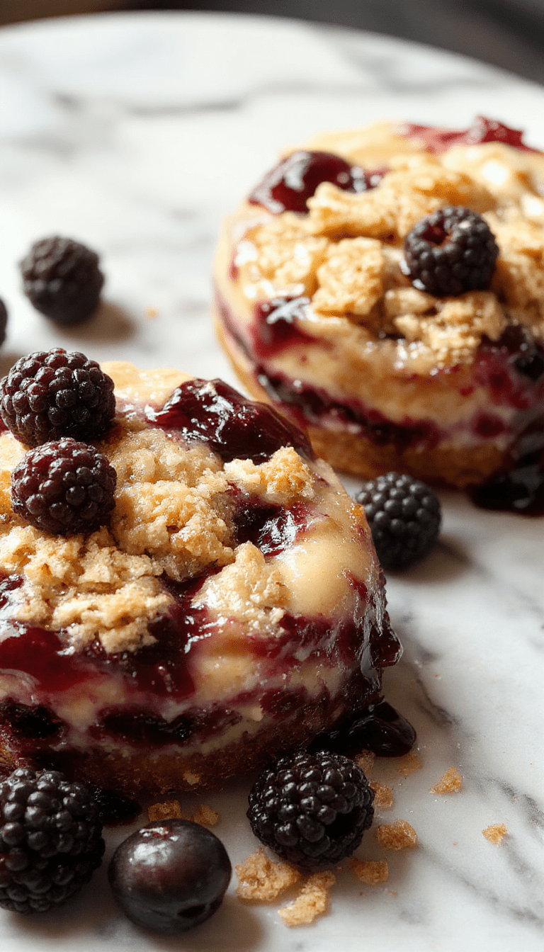 A close-up of a slice of blueberry crumble cheesecake on a white plate, topped with fresh blueberries and a golden crumble crust, with a drizzle of berry sauce. The cheesecake has a creamy texture with a vibrant blue and purple color from the blueberries, beautifully styled with a rustic wooden background and fresh mint leaves.