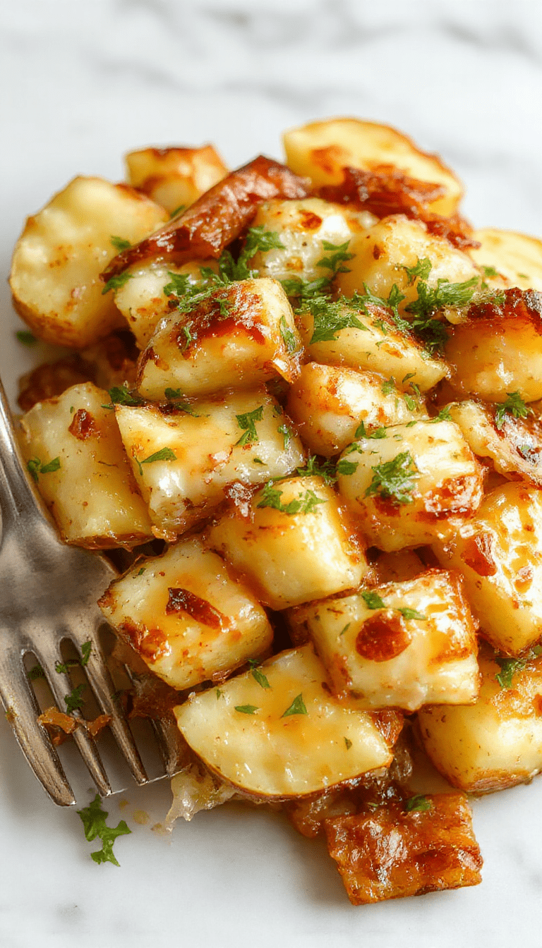 A vibrant, golden-brown cheesy French onion potato bake in a rustic white baking dish. The top is bubbly and golden, garnished with chopped herbs. The dish is served on a wooden table with a serving spoon. Visible caramelized onions, melted cheese, and sliced potatoes create inviting textures and colors, accented by a cozy, warm atmosphere.