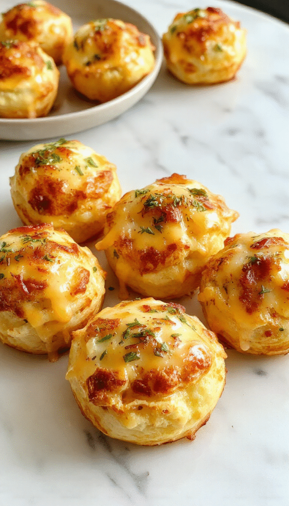 A close-up of golden-brown cheesy mashed potato puffs arranged on a white plate, topped with chopped parsley, with a crispy exterior showing hints of melted cheese and fluffy interior, styled on a rustic wooden table with a drizzle of sauce in the background.