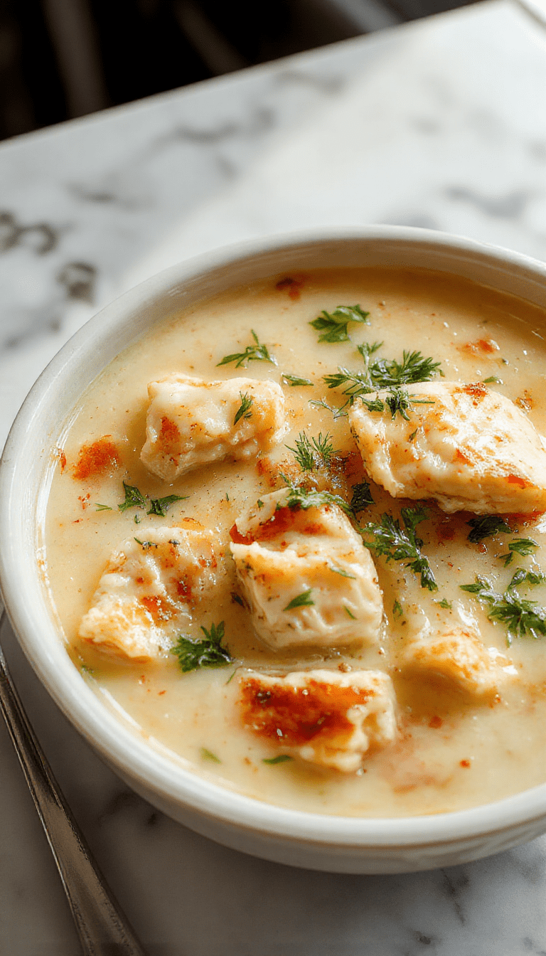 A vibrant bowl of chicken piccata soup garnished with fresh parsley and lemon slices, featuring tender chicken pieces, capers, and a bright, lemon-infused broth on a rustic wooden table with herbs scattered around.