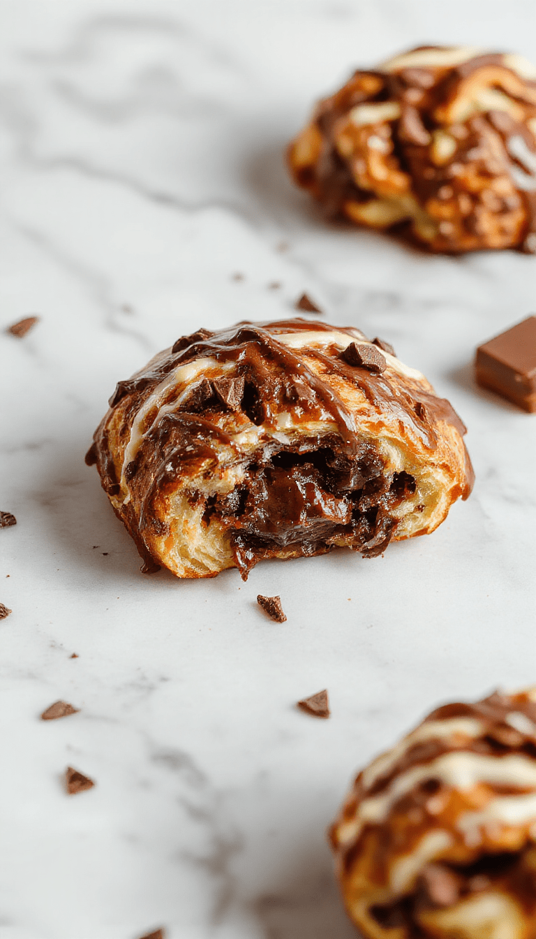 A warm, golden-brown chocolate croissant breakfast bake sliced to reveal gooey chocolate and flaky pastry layers, garnished with powdered sugar and fresh berries on a rustic wooden table.