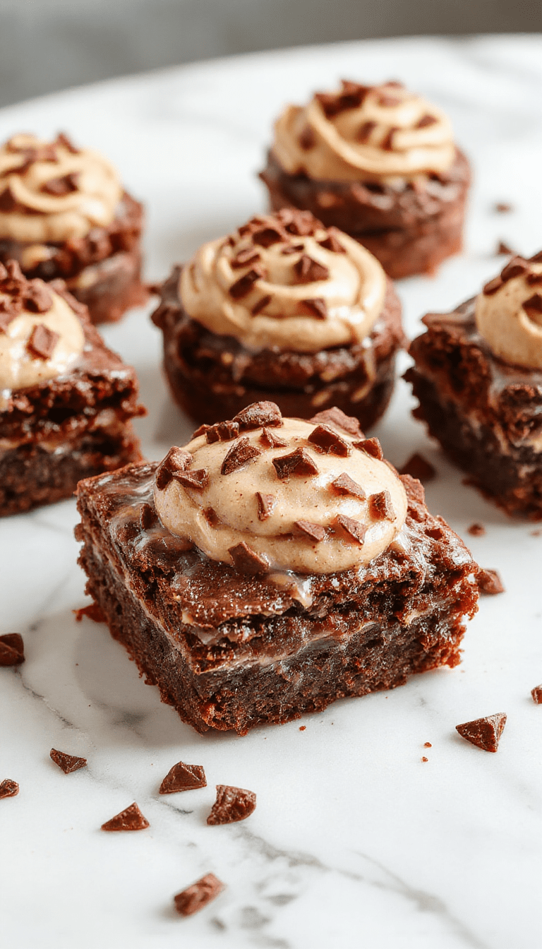 A close-up of rich, fudgy chocolate brownies layered with silky, smooth chocolate mousse, topped with glossy ganache and a sprinkle of cocoa powder, presented on a rustic wooden platter with fresh berries on the side.