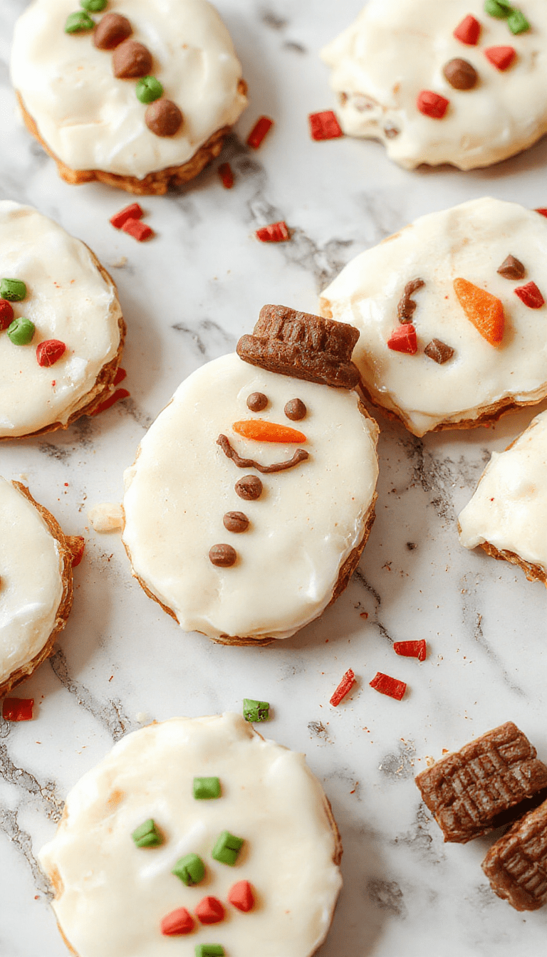 A colorful plate of Christmas Snowman Bark showcases white chocolate base decorated with festive red, green, and blue sprinkles, miniature candy canes, and marshmallows shaped like snowmen. The bark is broken into uneven pieces with a snowy, textured surface, styled on a holiday-themed table with pinecones and fairy lights.