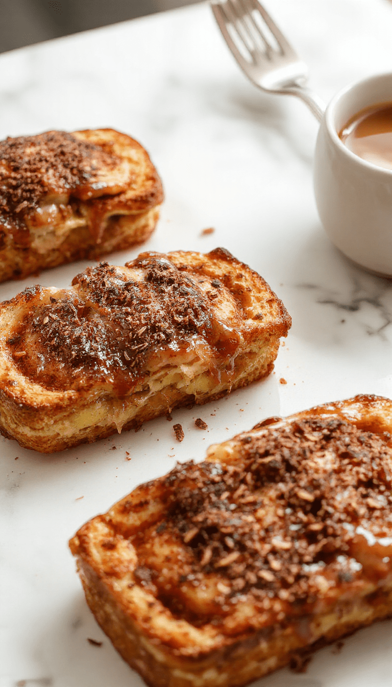 A golden baked French toast casserole topped with sliced caramelized apples, drizzled with syrup, garnished with cinnamon, served in a rustic white dish, with a sprinkle of powdered sugar, styled with fresh mint leaves on a wooden table